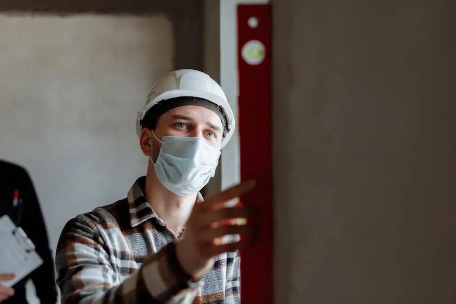 Construction worker wearing a helmet and mask.