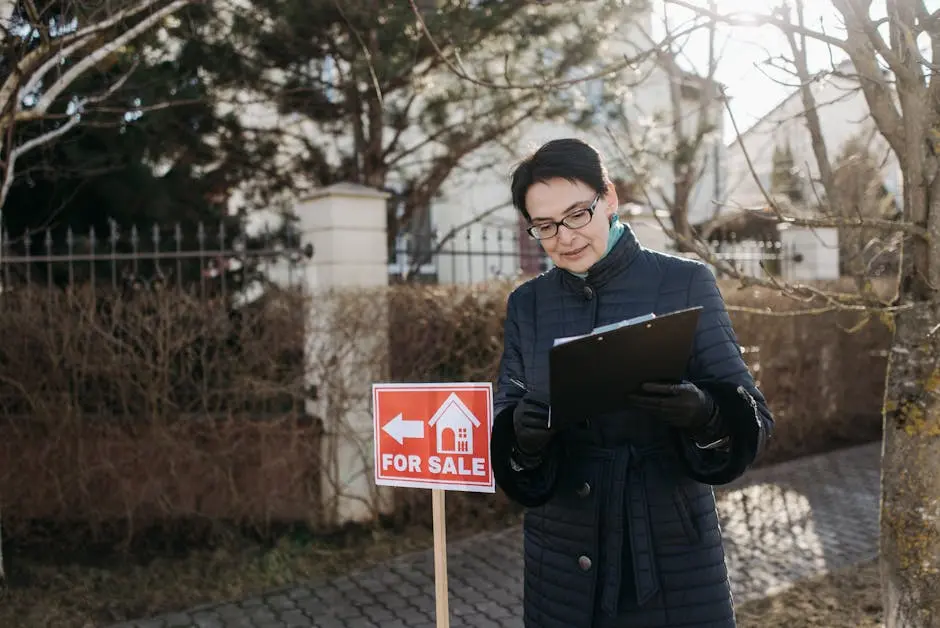 Real estate agent holding a clipboard near a 'For Sale' sign outdoors.