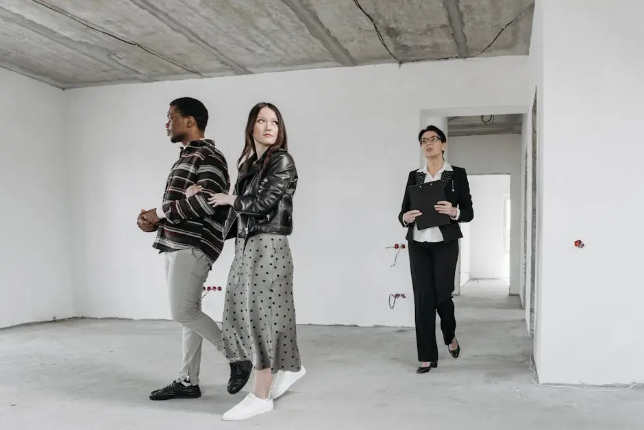 Three people walking in an unfinished room with concrete walls and ceiling.