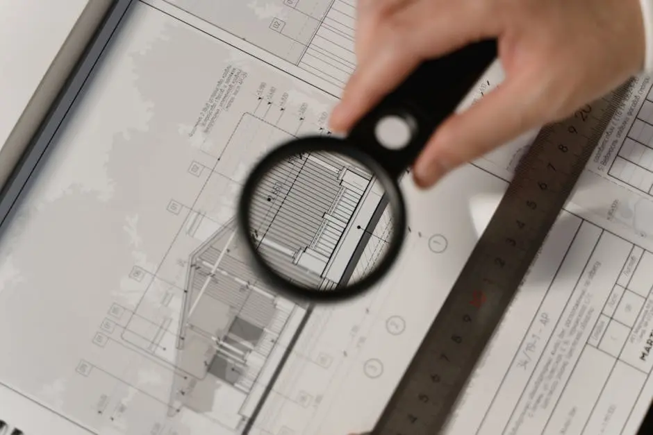 A person examining architectural plans with a magnifying glass and ruler.