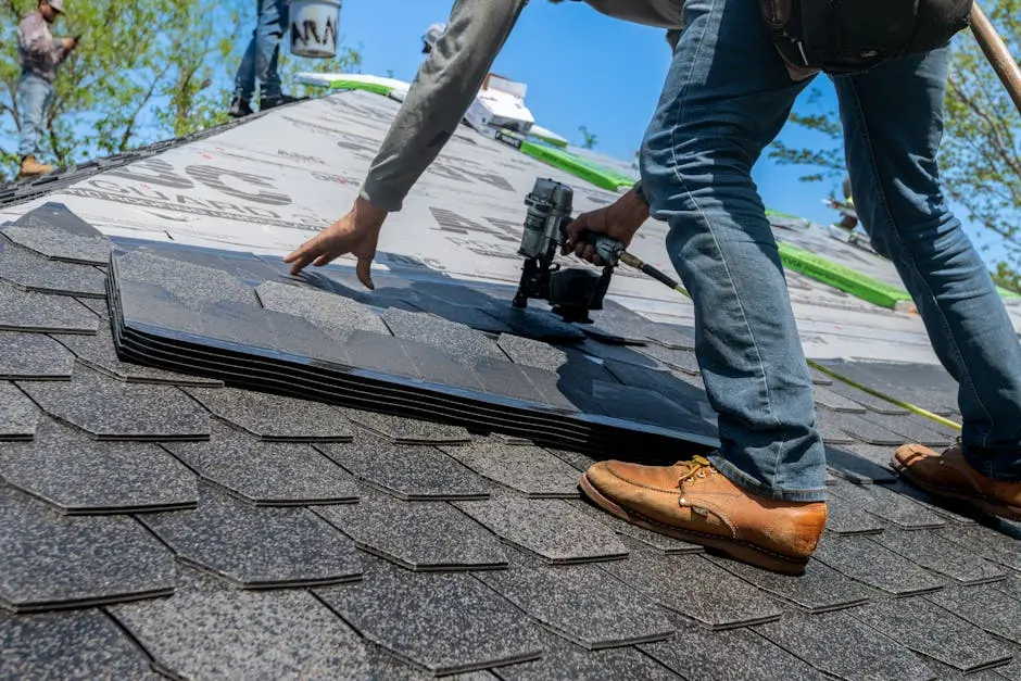 Person installing roofing shingles on a roof under clear sky.