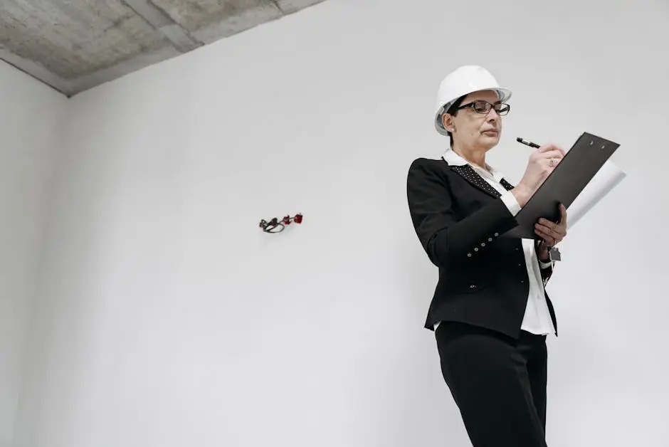 Woman engineer inspecting a construction site with a tablet.