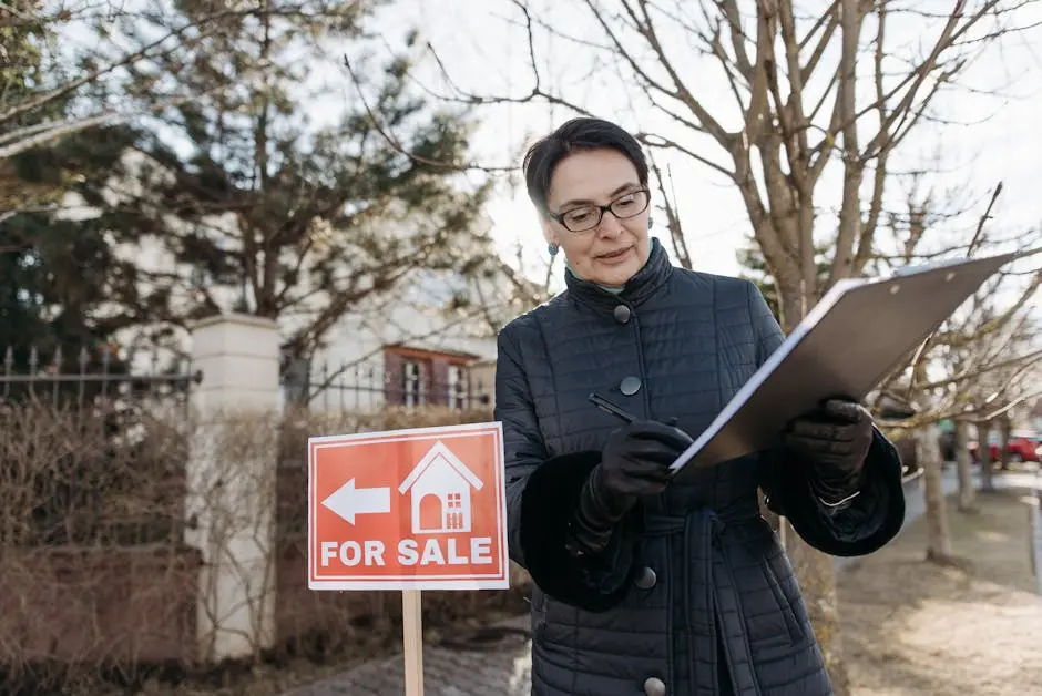 Real estate agent holding a clipboard near a for sale sign outdoors.